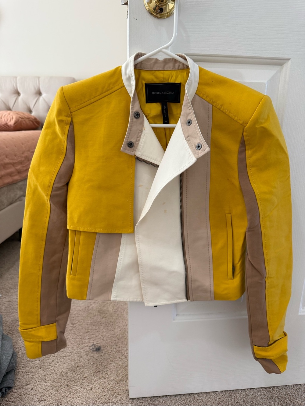 BCBGMaxAzria Yellow, Cream & Tan Colorblock Bomber Jacket